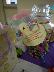 The jelly bean jar was my mom's idea, but I did the duck and counted the jelly beans (my brother helped count too).