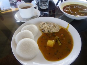 Breakfast - idli, sambar, and coconut chutney
