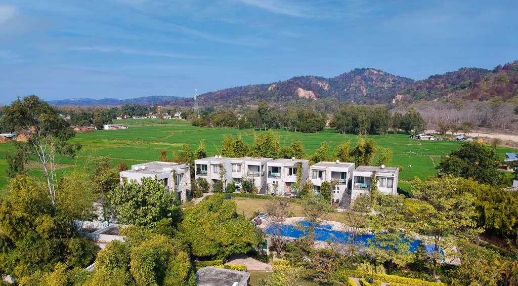overhead view of The Golden Tusk with mountains in the background